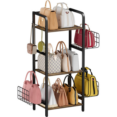 Support de rangement pour sac à main à 3 niveaux, support de rangement sur pied en fer et en bois avec panier latéral réglable et support pour organisateur de sac à main