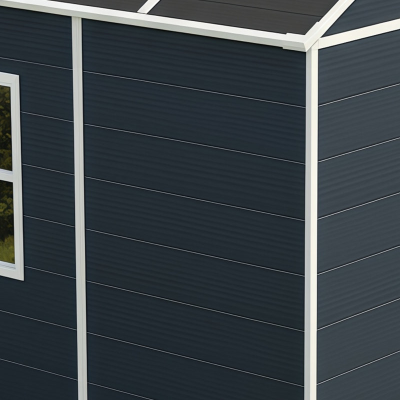 Remise de rangement gris foncé, structure robuste, imperméable, antirouille et résistante aux rayons UV. Comprend une porte verrouillable et une fenêtre d'éclairage haute définition offrant beaucoup d'espace de rangement.