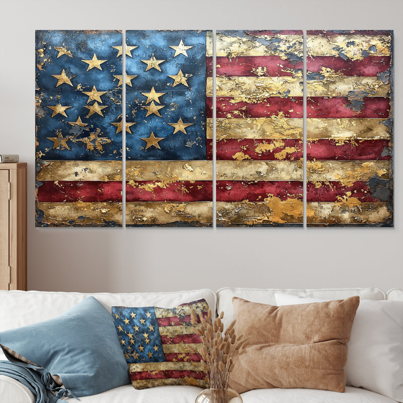 Drapeau de l'ère dorée des États-Unis I - Art mural américain - décoration murale traditionnelle 4 pièces, H 32 po x l 64 po