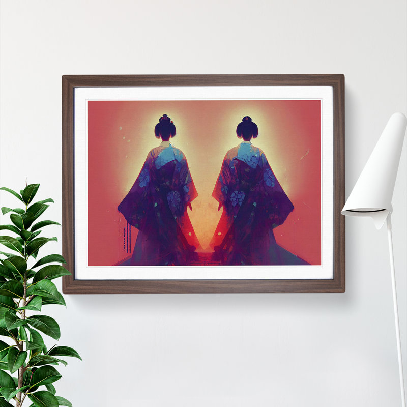 Two Geisha - Framed Print, 46cm H x 64cm W x 2cm D, Walnut