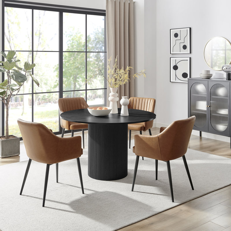 Penny Pillar Round Dining Table Set With 4 Luxury Faux Leather Dining Chairs - Scratch Resistant Top, Tan, Black