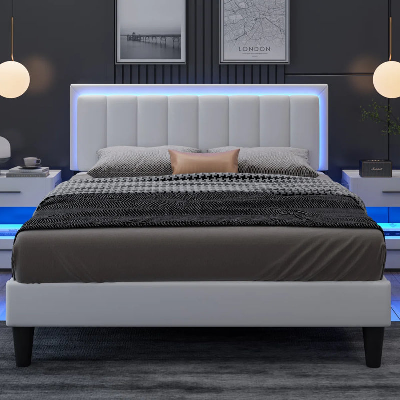 Ensemble de lit plateforme intelligent en cuir avec table de chevet moderne à DEL 2 pièces - Ensemble de chambre à coucher lumineuse 3 pièces