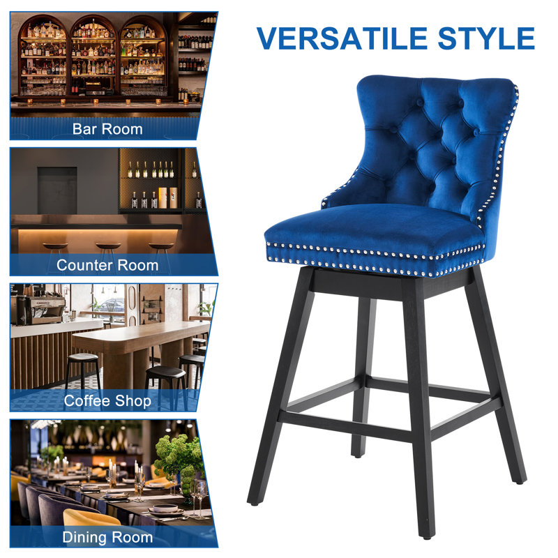 Blue Velvet Upholstered Swivel Counter Stools with Solid Wood Legs, Set of 2