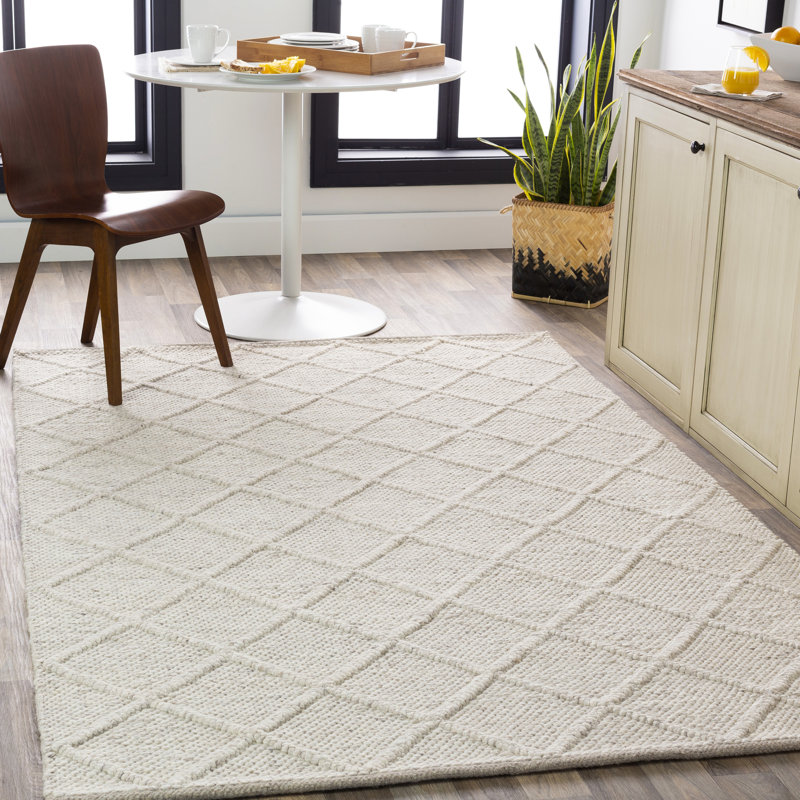 Tapis géométrique blanc tissé à plat à la main Vernie Jeanette, Rectangle de 10 pi x 14 pi