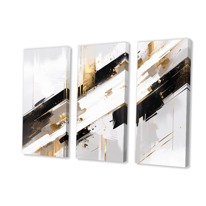 Or noir symétrique Sripes II - 3 pièces sur toile tendue, H 28 po x l 36 po x P 1 po