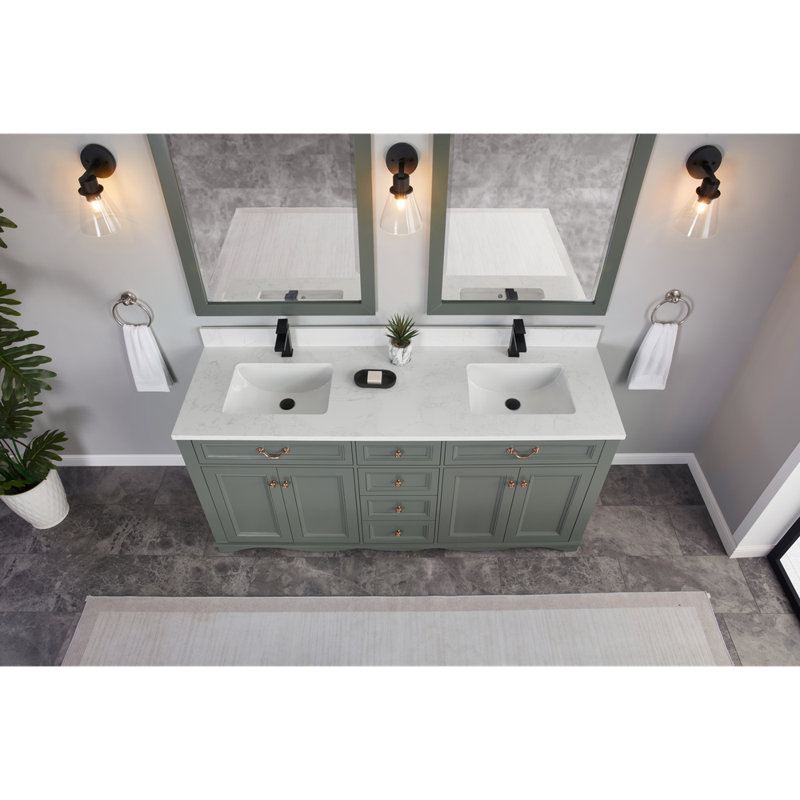 72" Solid Wood Sink Vanity  With 1' Artificial Stone Top, Pewter Green