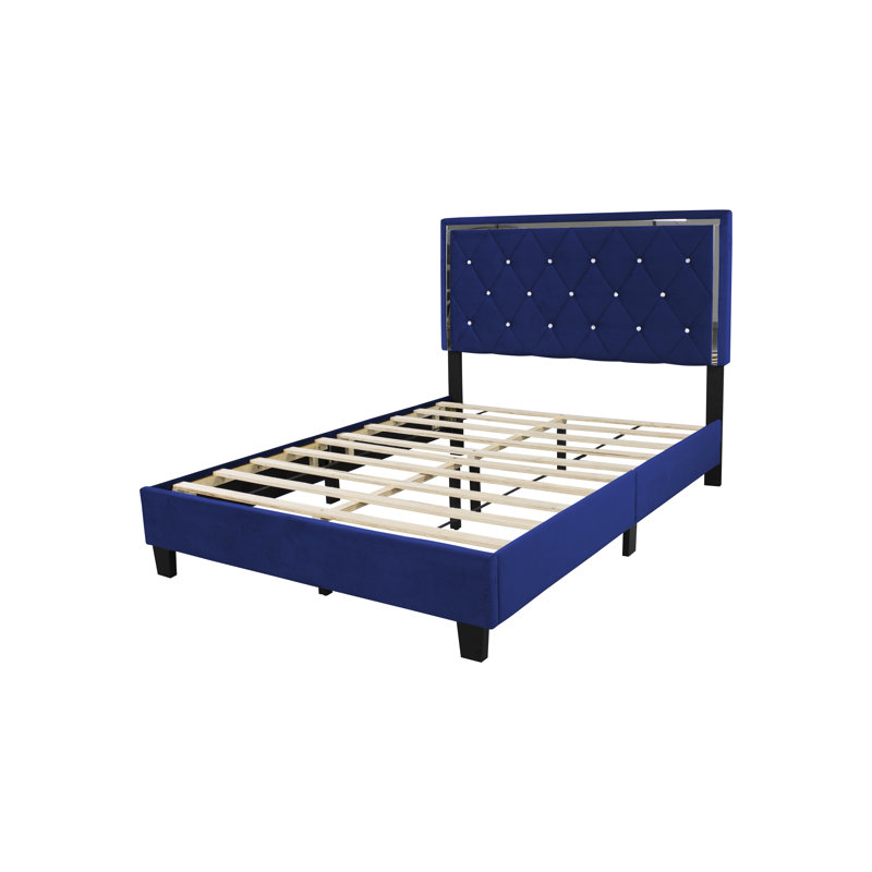 Lit plateforme tapissier en bois Fusco, Grand, Bleu