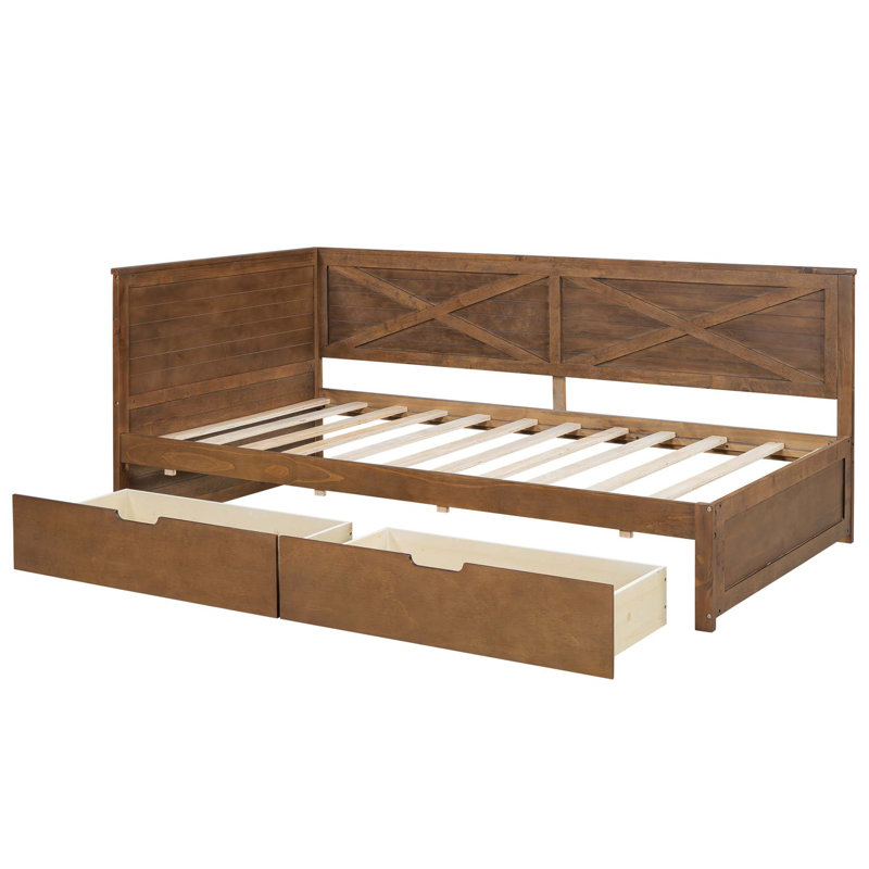 Wood Daybed With 2 Drawers And Rustic Guardrail, Brown