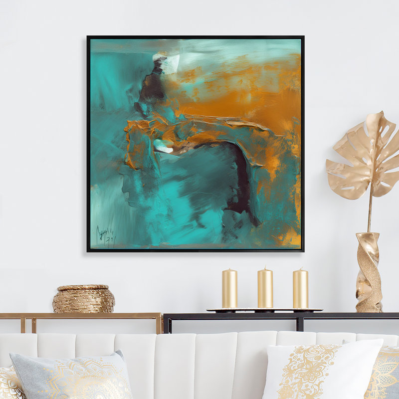 «Becoming the Ocean Sun» abstrait bleu sarcelle et or - reproduction d'art sur toile, H 16 po x l 16 po x P 1 po