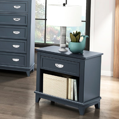 Table de chevet, tiroir et tablette bleu marine classique, aucun assemblage requis pour la décoration de chambre à coucher avec rangement inférieur