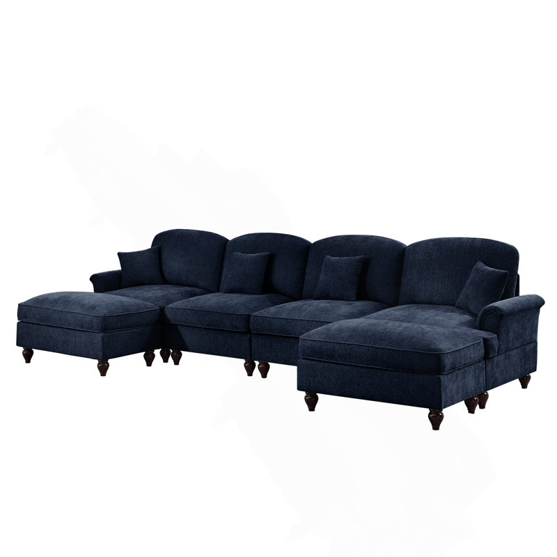 Canapé modulaire classique à 4 places modulaire en U avec accoudoirs évasés et volants amovibles, jupes plissées et pieds fuselés, canapé en nuage à assise profonde en chenille avec repose-pieds mobiles, bleu
