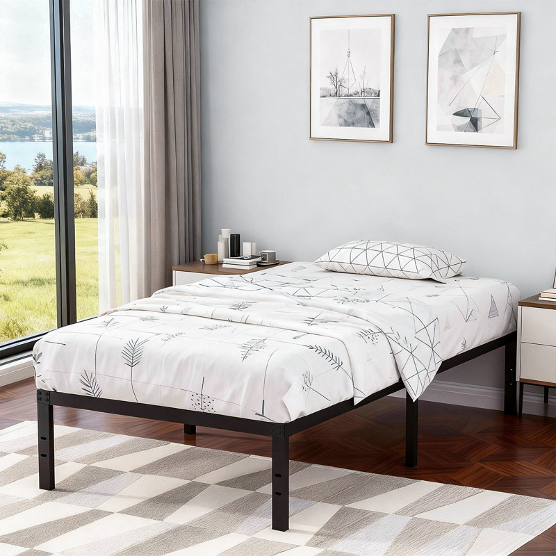 Base de lit plateforme en métal 14 po avec tête de lit compatible avec aucun sommier, simple, Lit simple