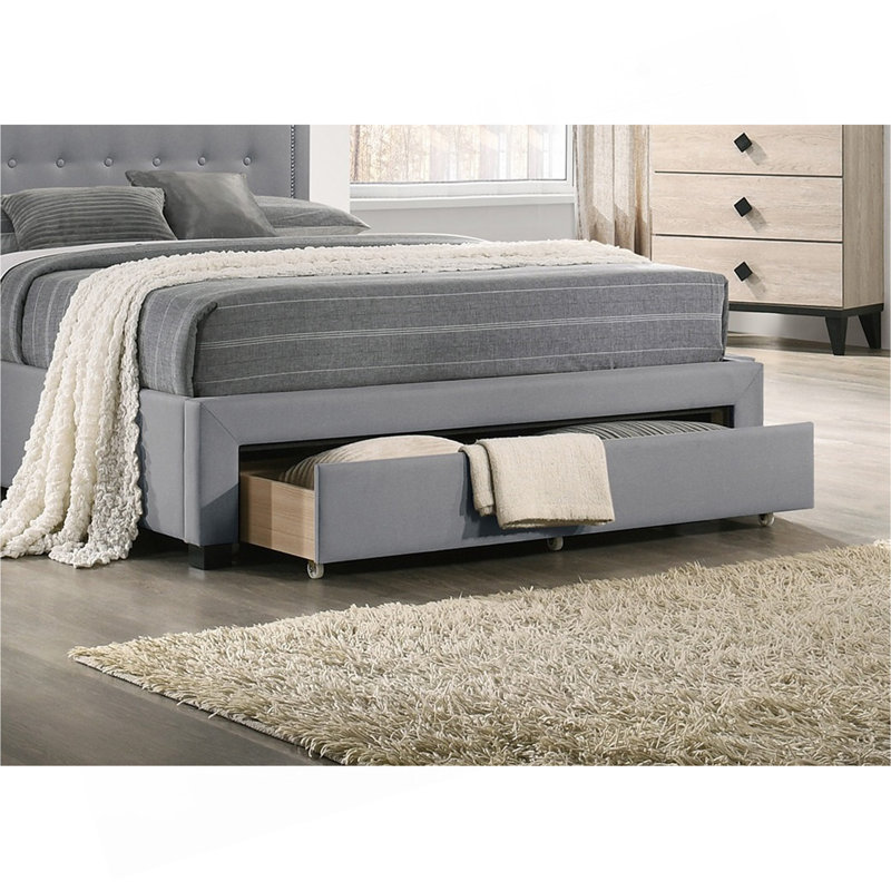 Lit de taille simple en tissu de toile de jute gris clair avec lit escamotable capitonné, Gris clair