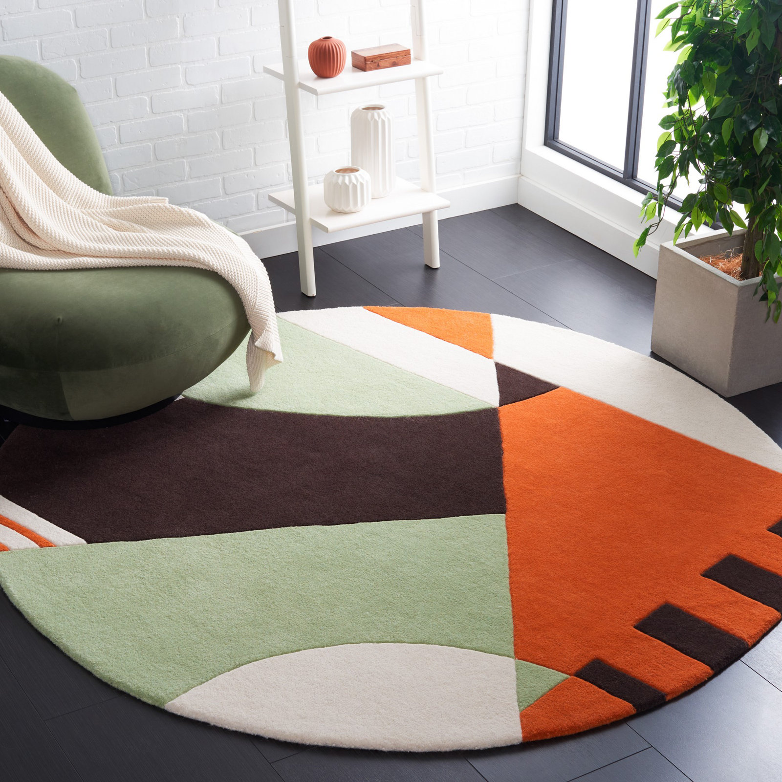 Kazu Green Brown Hand-Woven Abstract Rug, Round 6'