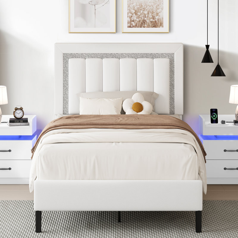 Ensemble de lit plateforme tapissier Diamond, Simple, Blanc