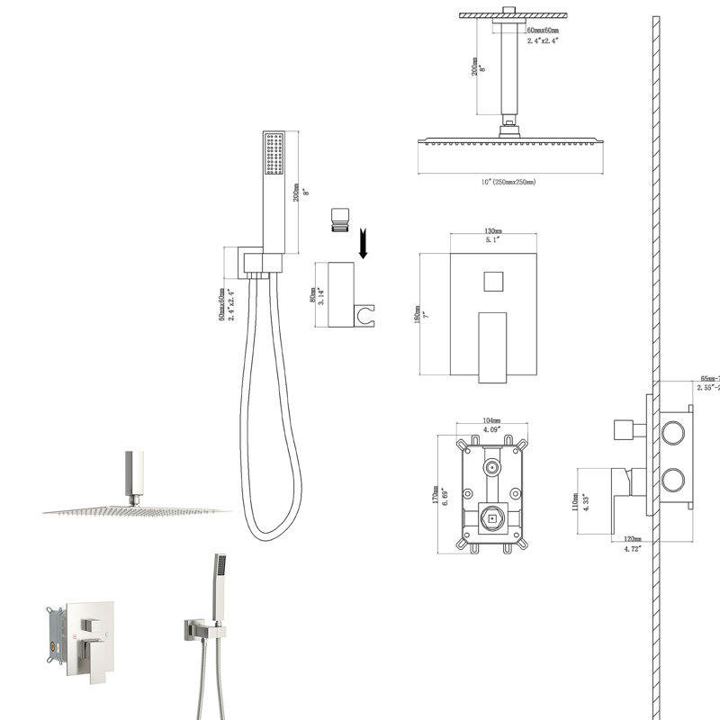 Système de douche carré de 10 pouces en nickel brossé - fixation au plafond double avec pommes de douche à effet de pluie et à main, tête facile à nettoyer - valve équilibrée, et