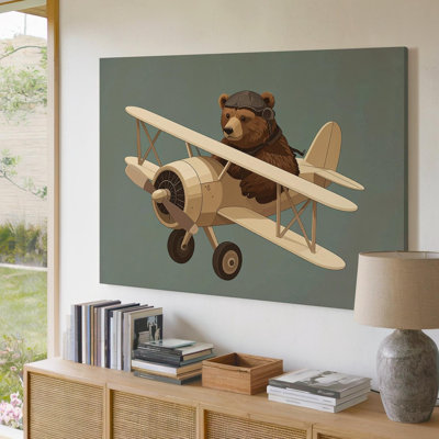 Wall Art Canvas Aviator Bear Canvasvintage Biplane Adventure Kids Ready To Hang Gallery Wrapped Home Decor Modern Design Premium Quality