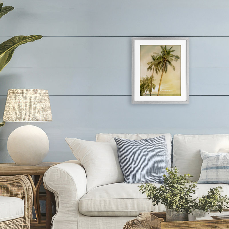 Sunrise Palm Trees, reproduction encadrée sous verre, conception de Mike Calascibetta, Cadre de ferme gris, H 16 po x l 13 po