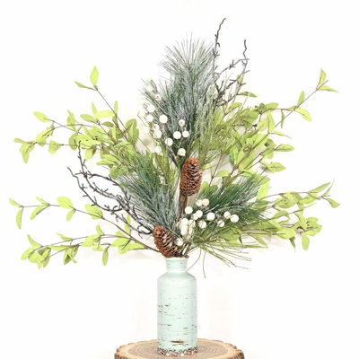 30" Artificial Christmas Day Winter Floral Arrangement Branch, Farmhouse Twig Leaves Frosted Pine Needles Berries Pine Cones With Long Stem For Party Home Office Table Centerpiece Shelf Decorations
