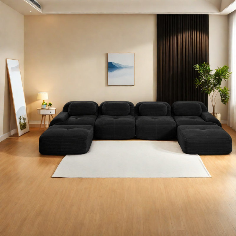 Canapé ergonomique modulaire en forme de U, velours côtelé noir, salon moderne