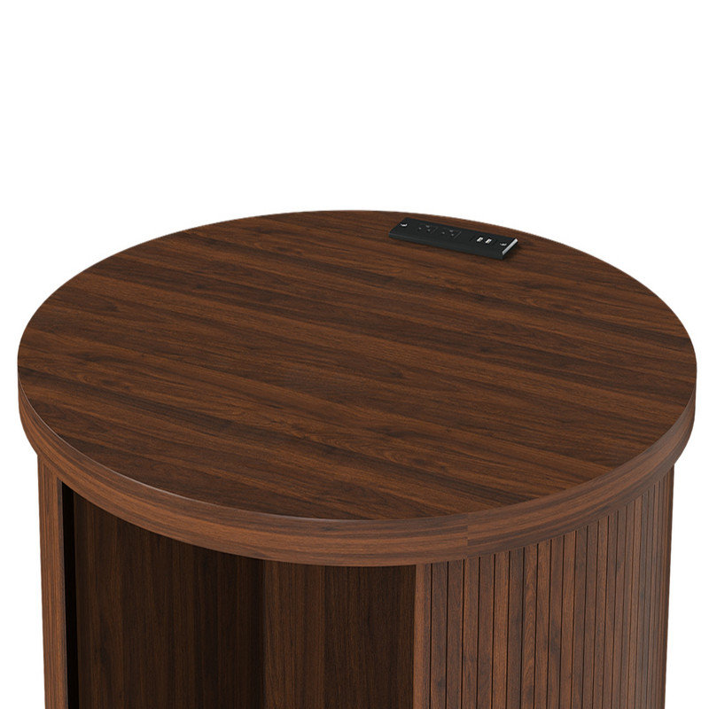 Table d'appoint cylindrique moderne du milieu du siècle avec station de charge intégrée et porte coulissante, table de chevet ronde à 2 niveaux avec ports USB, table de chevet en noyer pour salon, chambre à coucher, entrée