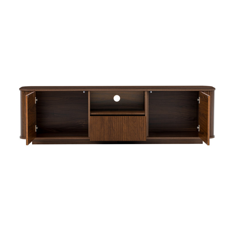 Meuble télé 70 po pour téléviseur de 70 po ou moins, meuble multimédia avec coins arrondis et portes à lattes verticales, grain de bois brun foncé