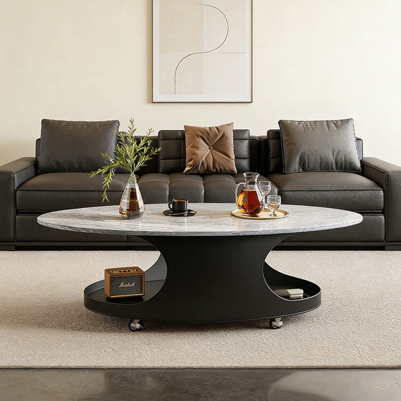 Table basse ovale simple avec poulie, Plateau gris/ base noire, 17,71 po H x 23,62 po P x 47,24 po L