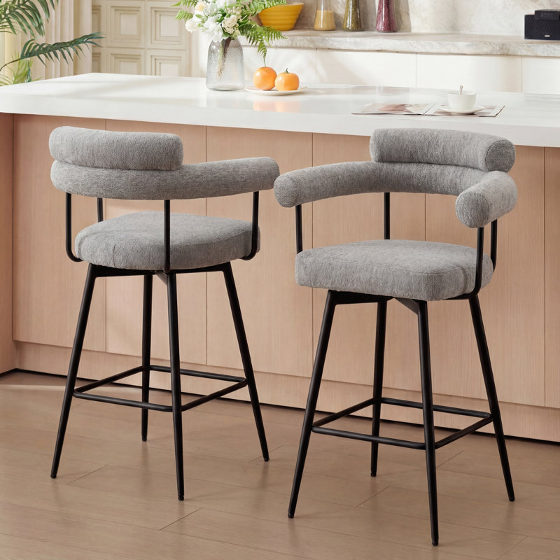 Tabouret de comptoir pivotant en lin avec dossier incurvé et structure en métal Kiylan, Lin gris