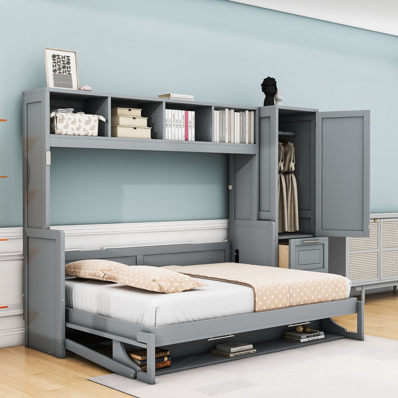 Lit escamotable double avec tiroirs et tablettes de rangement, Gris
