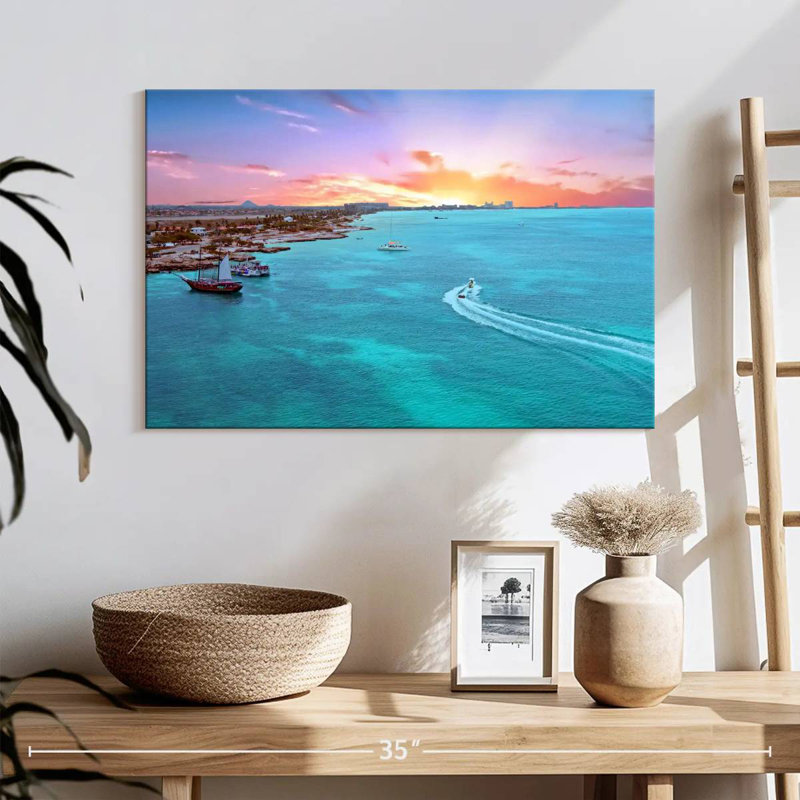 Coucher de soleil sur la plage Gillard Aruba, H 16 po x l 24 po