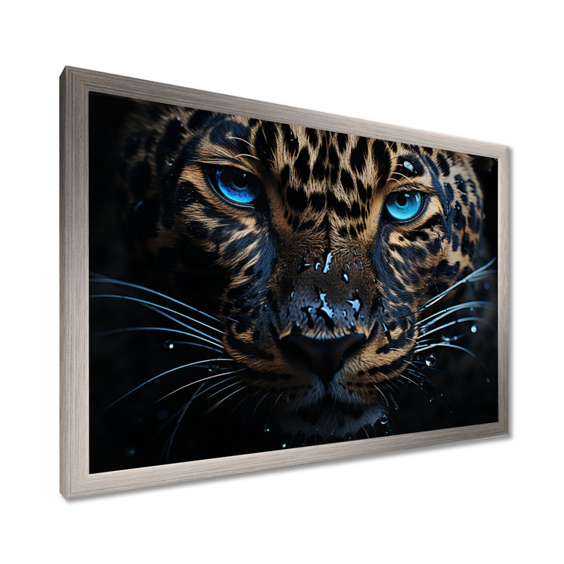Leopard Nocturnal Souverain Nightime Blues I - art mural léopard pour le salon, Cadre simple argenté