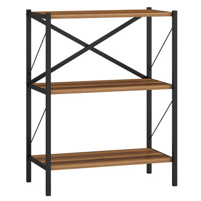 Étagère à 3 niveaux avec structure métallique robuste, tablette de rangement solide pour salon, bureau et balcon, noyer