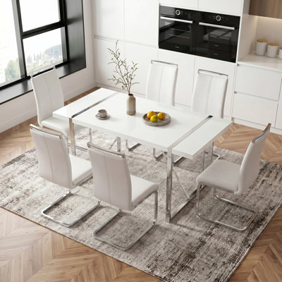  Modern Glam High-Gloss Rectangular Dining Table with Geometric Metal Legs