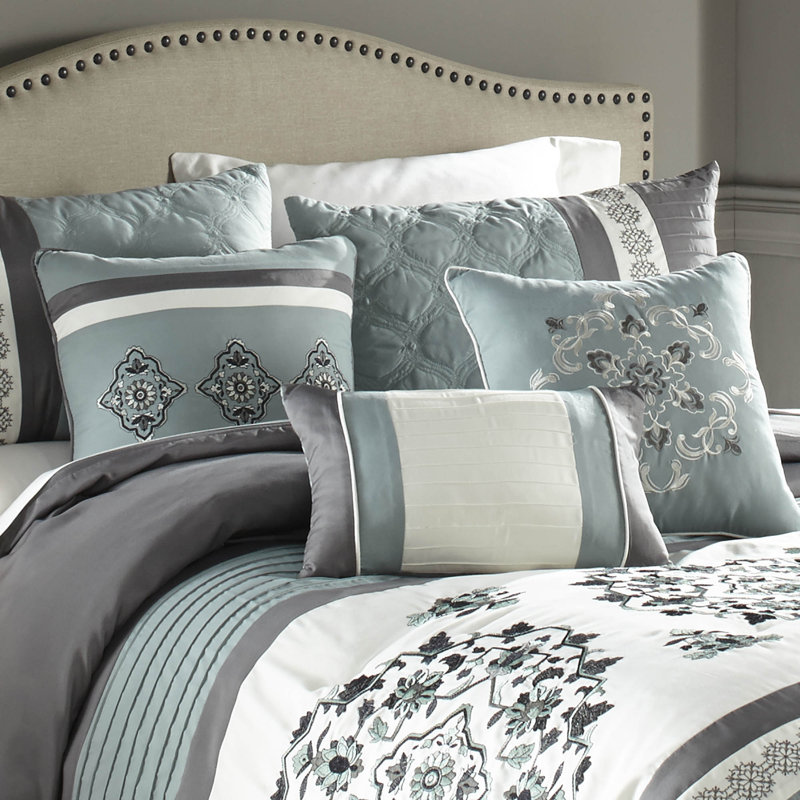 Alex Blue and Gray Queen Comforter Set with Embroidery