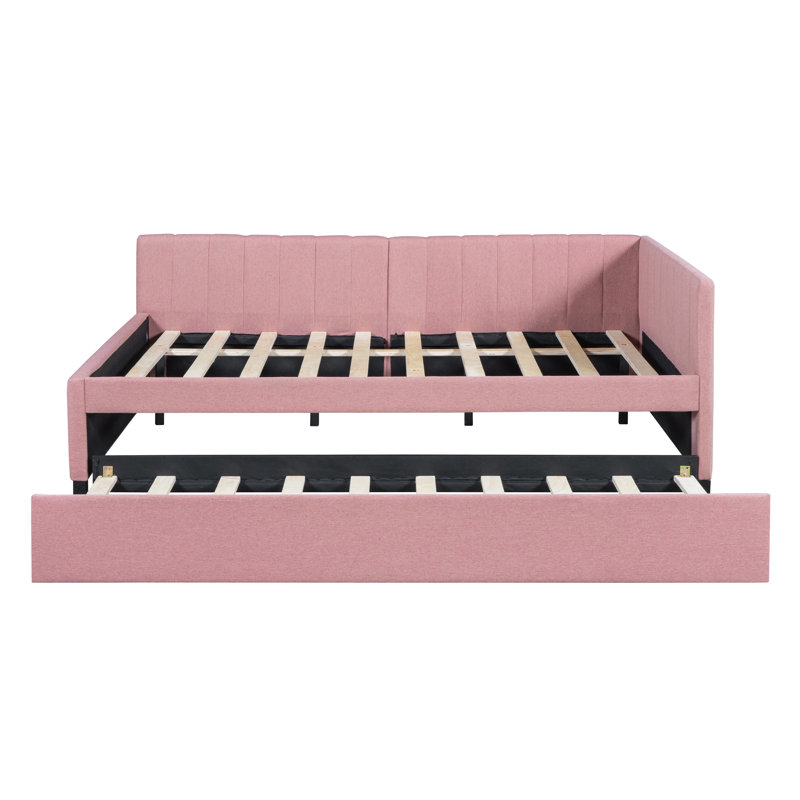 Linen Upholstered Daybed With Trundle Bed Frame, Pink