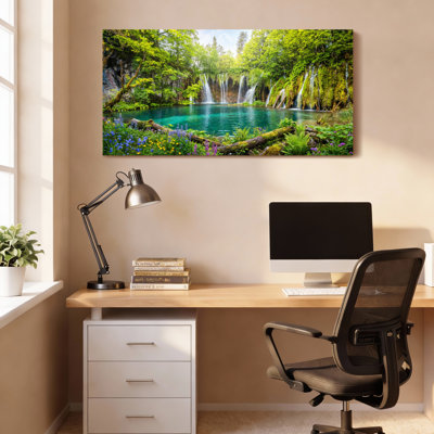 Waterfall Forest Landscape Canvas Wrapped Wall Art Oil Painting Print Set Of 1