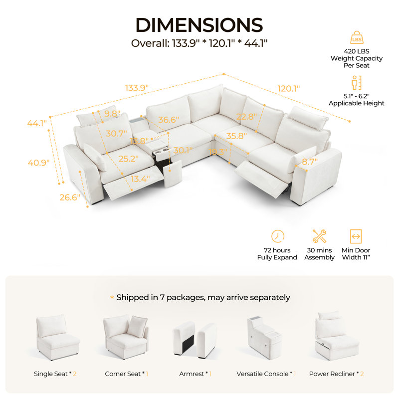 Canapé modulaire surdimensionné à 5 places en chenille avec canapé inclinable électrique double avec repose-tête
