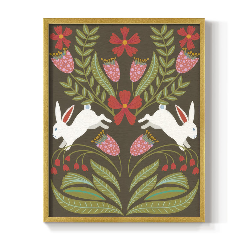 «Folk Flower And Rabbit I», H 15 po x l 12 po, Doré