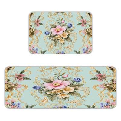 Tapis de cuisine antidérapant rose et bleu avec cadre doré, 2 pièces