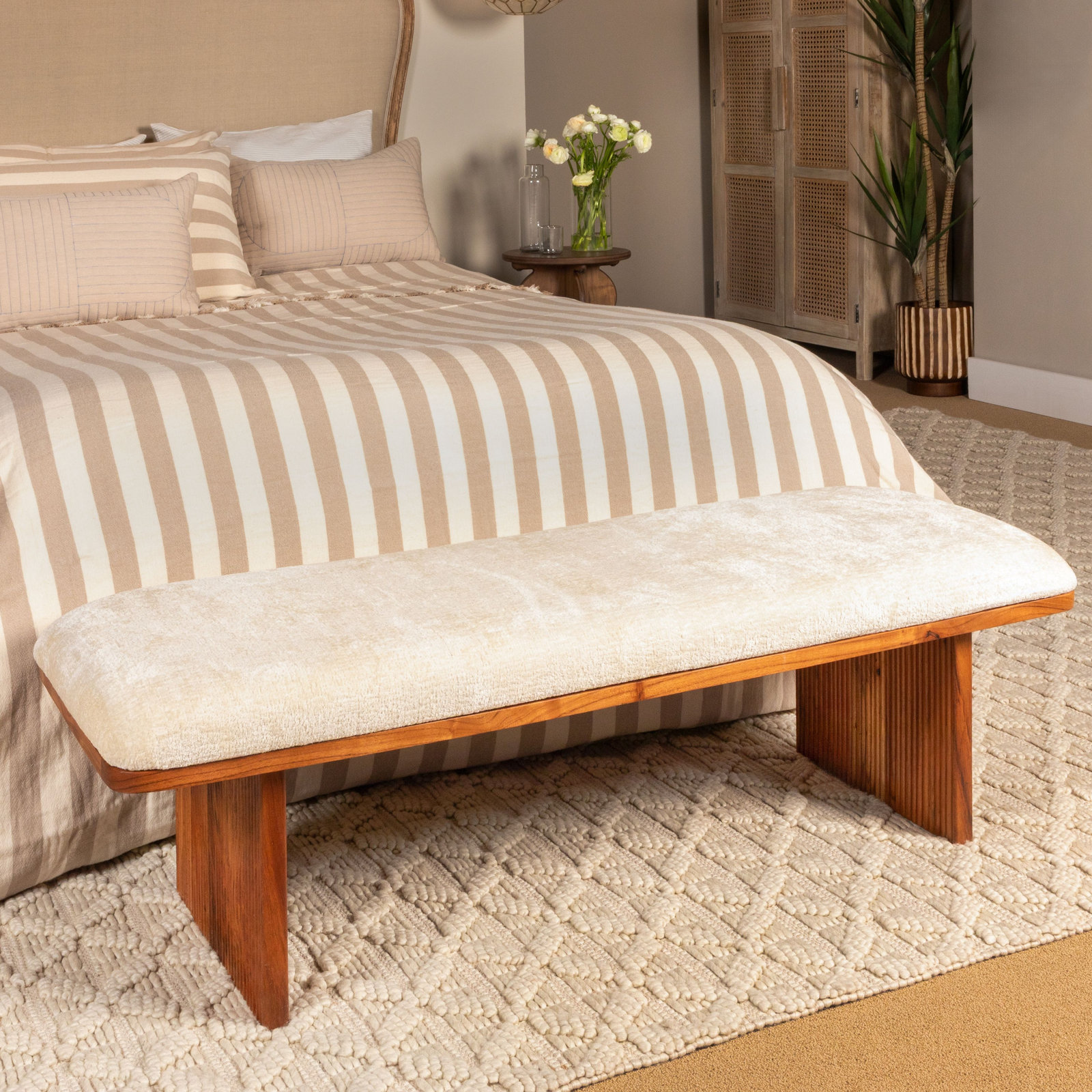 Canal Crushed Velvet and Acacia Wood Bench