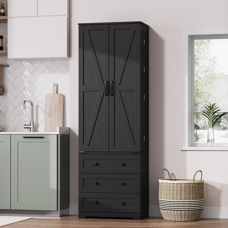 Grand garde-manger de style campagnard de 72 po avec 2 portes de grange et 3 tiroirs, tablettes de rangement réglables en bois pour la salle à manger, la salle de bain et le salon