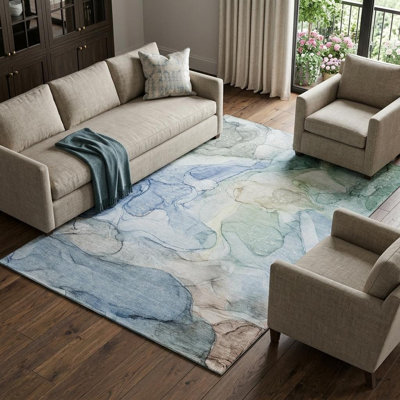 10' X 14' Blue And Ivory Abstract Washable Area Rug With UV Protection