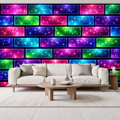 Peel and Stick Wallpaper Vibrant Neon Brick Colorful Sparkling Lights Wall Murals 69"H x 96"W Removable PVC Wall Paper Self-Adhesive Wall Decor for Bedroom Living Room Home Office