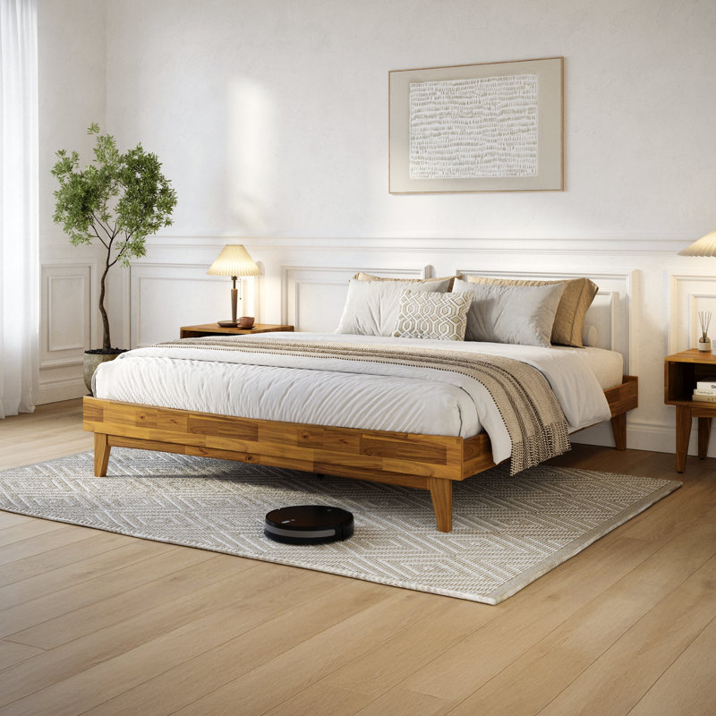 Lit plateforme Coraline en bois robuste, cadre de lit moderne sans tête de lit, supporte jusqu'à 800 lb, Double, Brun teck