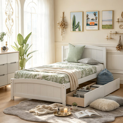 Solid Wood Bed Frame with Headboard and 2 Drawers, Platform Bed with Underbed Storage, No Box Spring Needed, White, Twin
