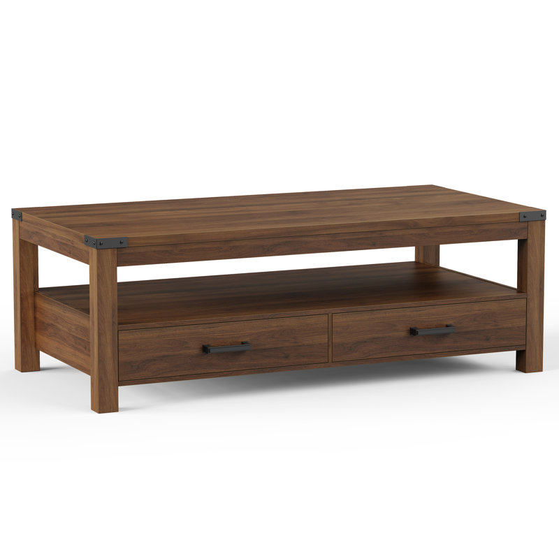 Rectangular Coffee Table With Two Storage Drawer And 2-tier Storage Shelves, Walnut