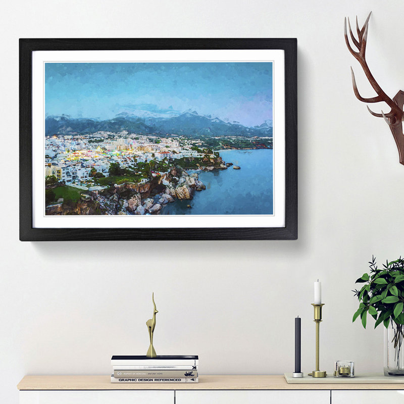 Skyline of Nerja in Spain in Abstract - Picture Frame Graphic Art Print, 62cm H x 87cm W x 2cm D, Black Framed