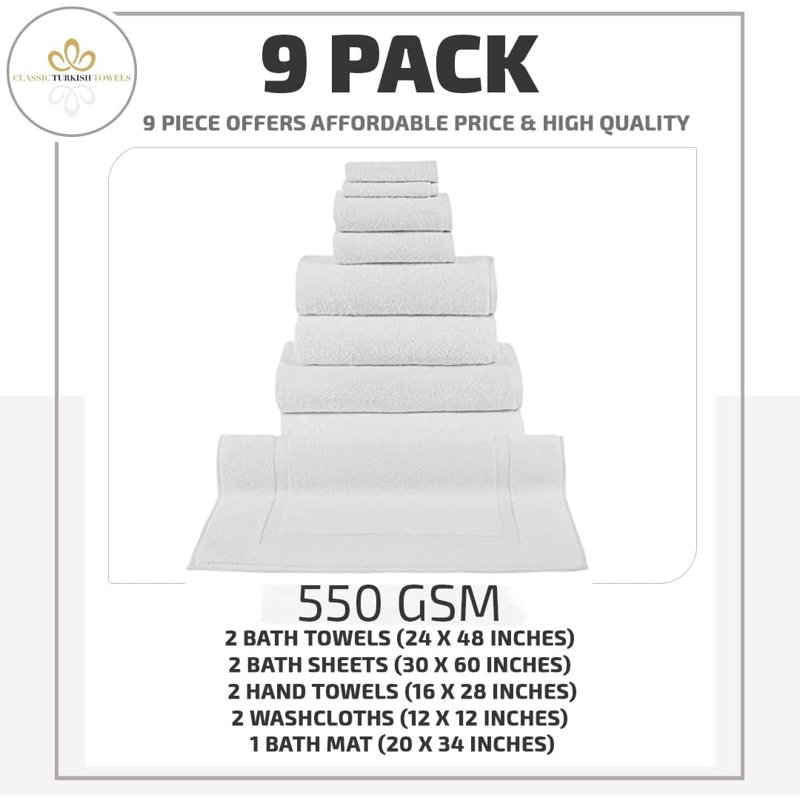 Ensemble de serviettes de bain 9 pièces avec tapis de bain Blatec, Blanc