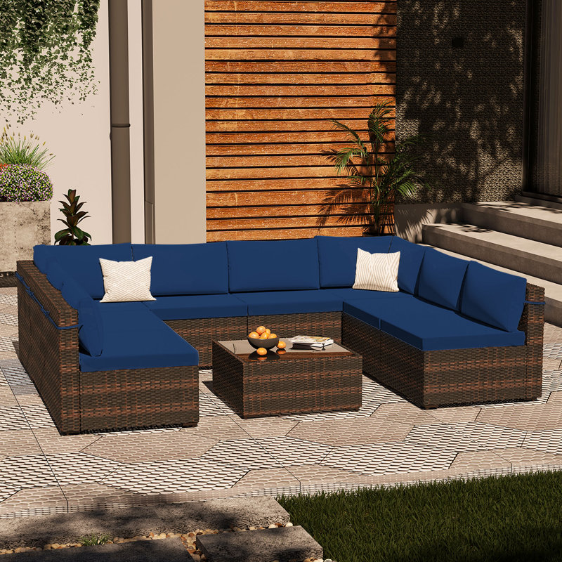Rosaelena Wicker 8 - Person Modular Patio Conversation Set with Cushions, Navy Blue, Brown