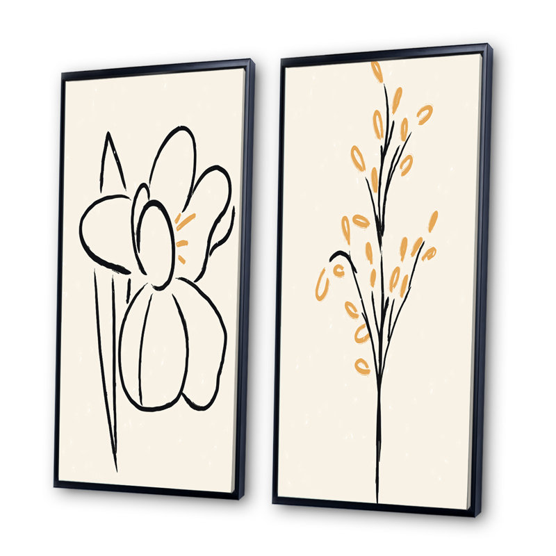 Ensemble de 2 peintures - Silhouettes sombres de plantes en crème II, H 20 po x l 24 po x P 1 po, Toile avec cadre noir